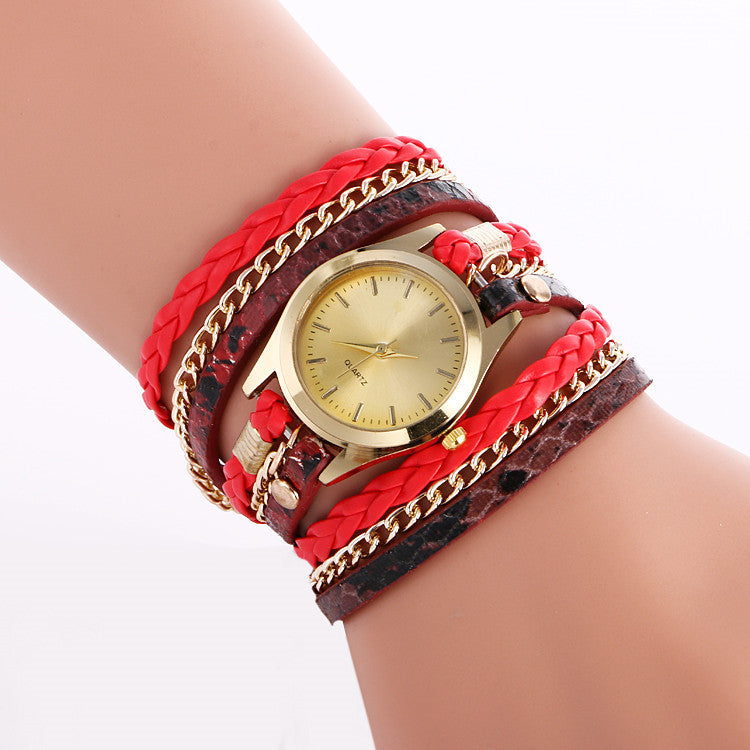 Snake Print Woven Wrap Bracelet Watch