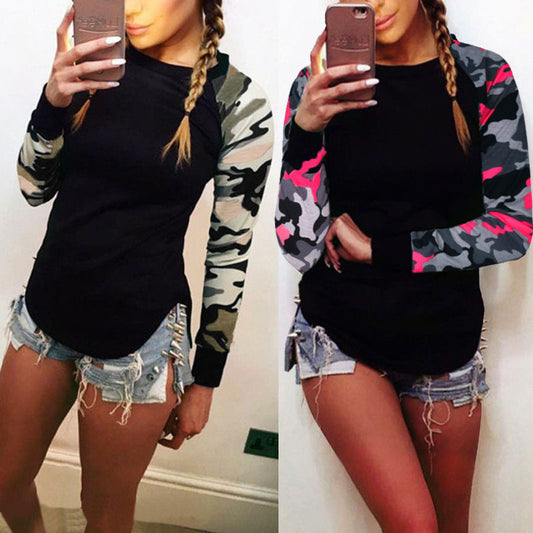 Fashion Camouflage Splicing Printing Irregular Hem Sweatshirt