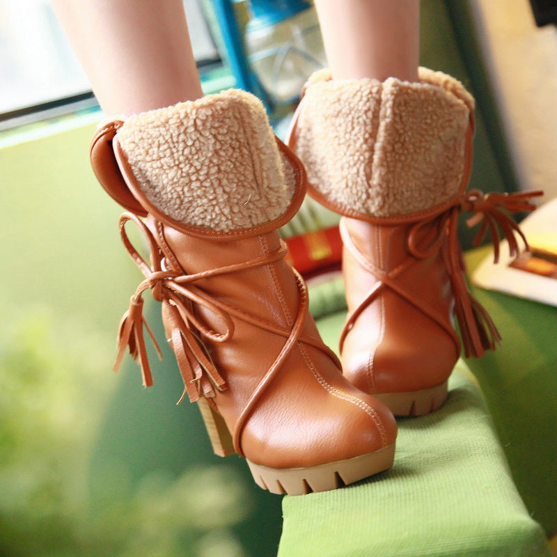 Straps Tassels Curled Edge High Chunky Heels Short Boots