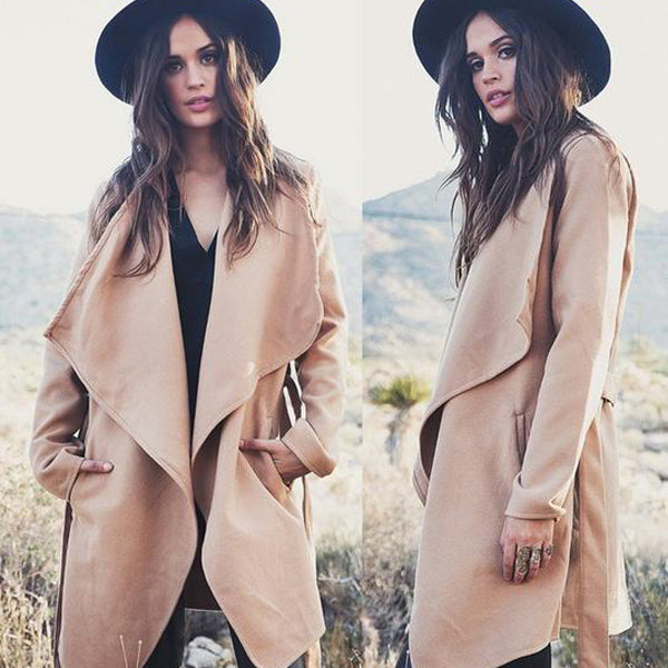 Khaki Long Sleeve Lapel Pockets Long Coat