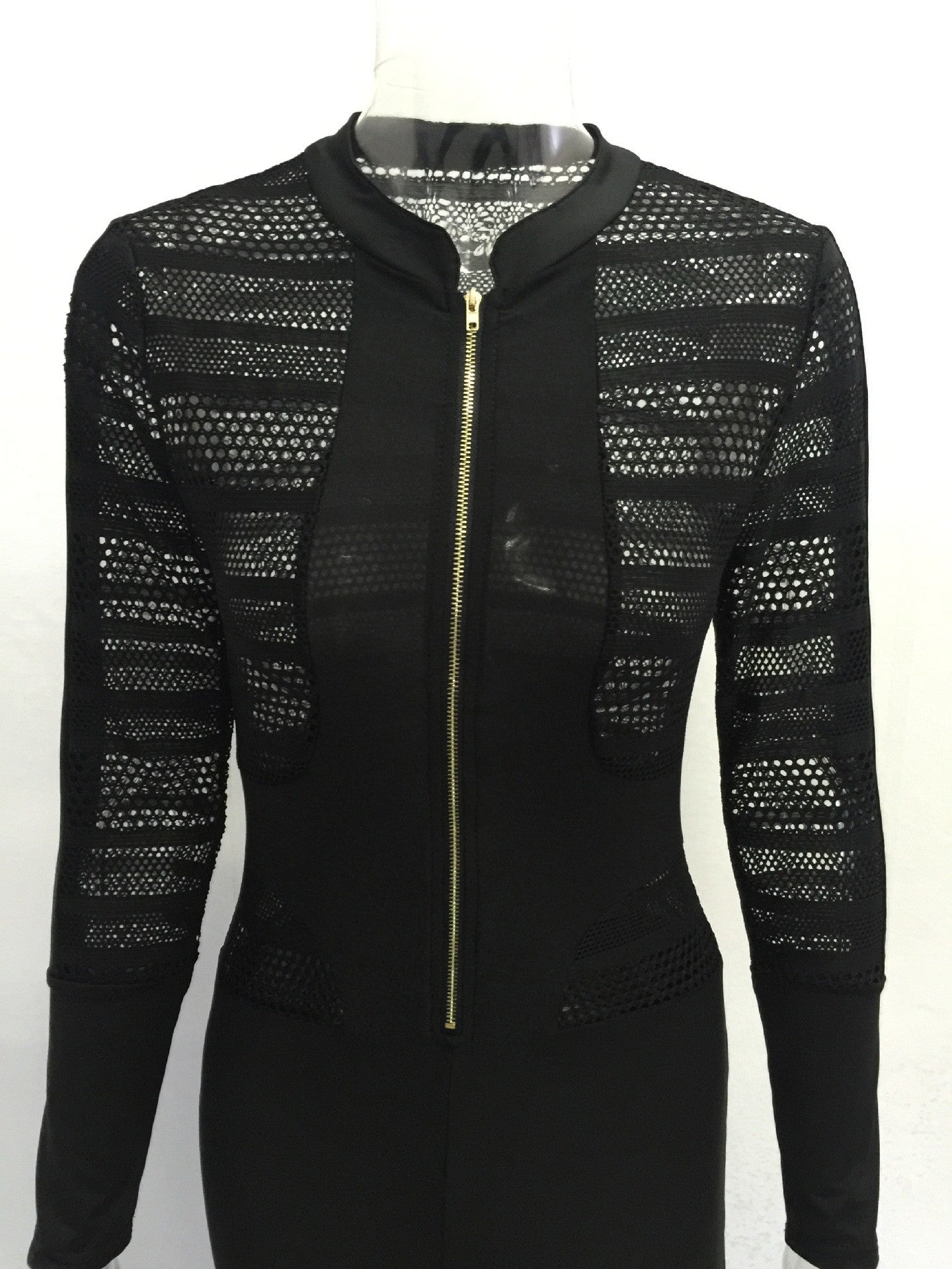 Black Hollow Out Zipper Long Sleeve Slim Long Jumpsuit