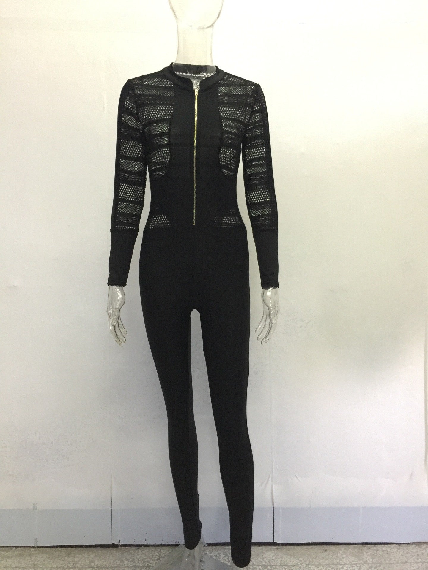 Black Hollow Out Zipper Long Sleeve Slim Long Jumpsuit
