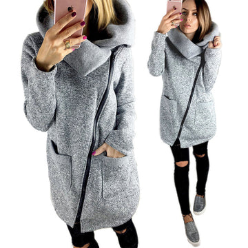 Side Zipper Solid Color Long Hooded Coat