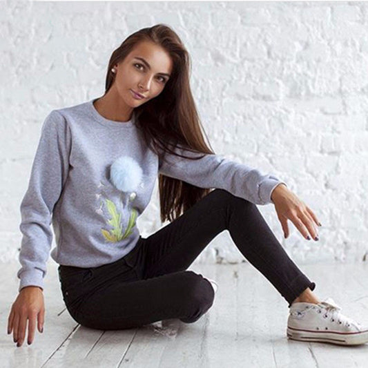 PomPom Ball Decorate Slim Pure Color Sweatshirt