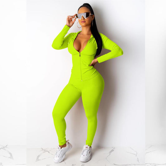 Hoodie Zipper Skinny Bodycon Long Sleeve Blouse Pants Sets