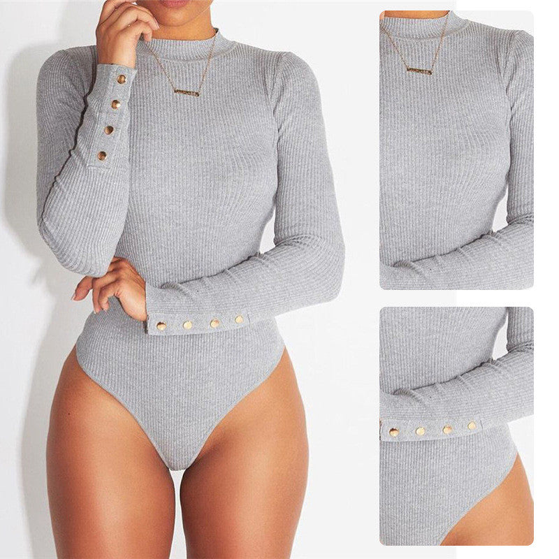 Sexy Knit High Neck Button Decorate Short Jumpsuit