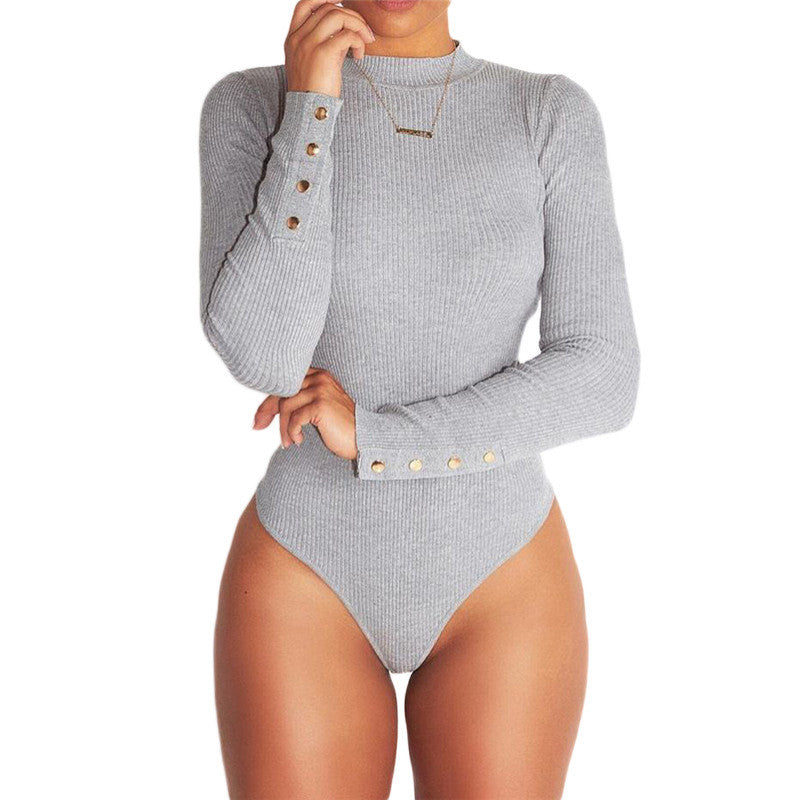 Sexy Knit High Neck Button Decorate Short Jumpsuit