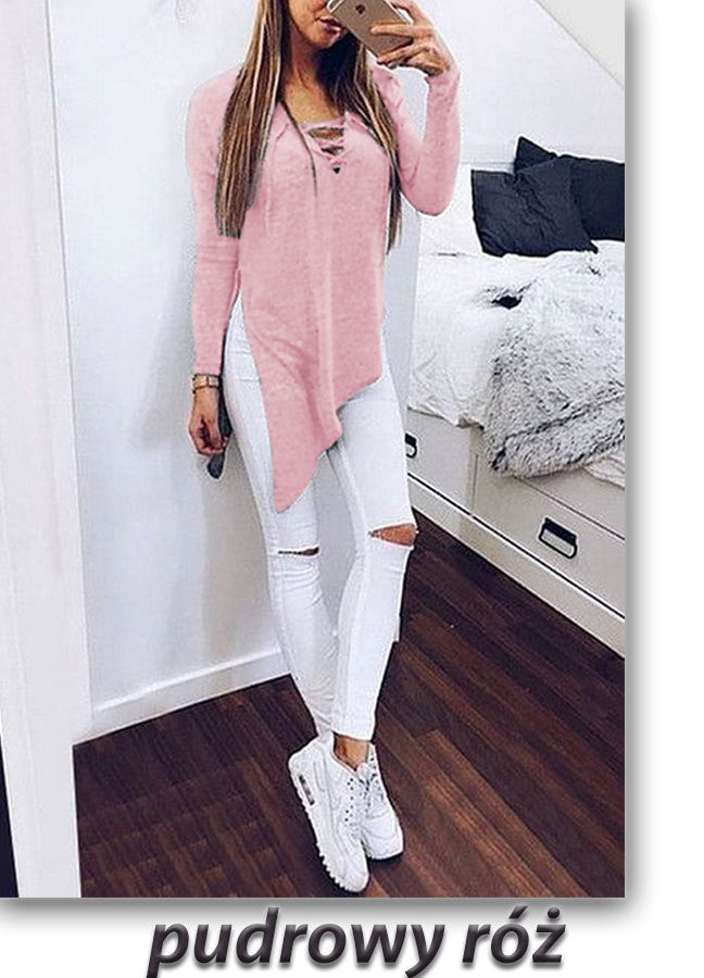 Fashion Cross Lace Up Irregular Side Slit Long Sleeve Blouse