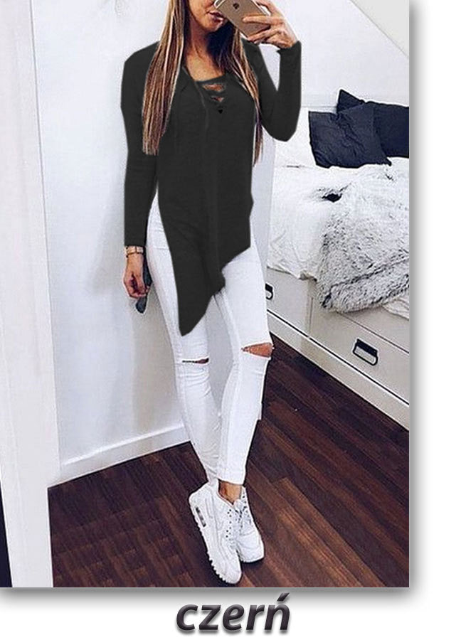 Fashion Cross Lace Up Irregular Side Slit Long Sleeve Blouse