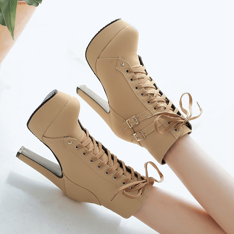 Lace Up Round Toe Platform Stiletto High Heels Short Martin Boots