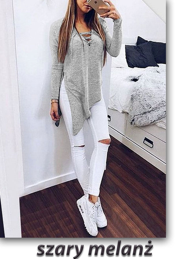 Fashion Cross Lace Up Irregular Side Slit Long Sleeve Blouse