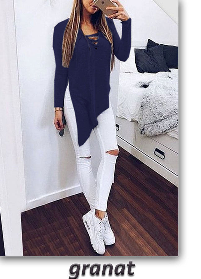 Fashion Cross Lace Up Irregular Side Slit Long Sleeve Blouse