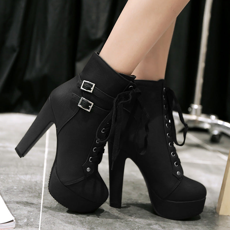 Lace Up Round Toe Platform Stiletto High Heels Short Martin Boots