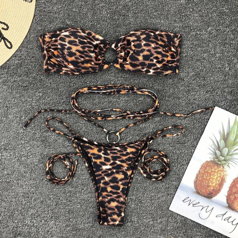 Leopard Bandeau Mid Rise Thong Bottom Tube Bikinis