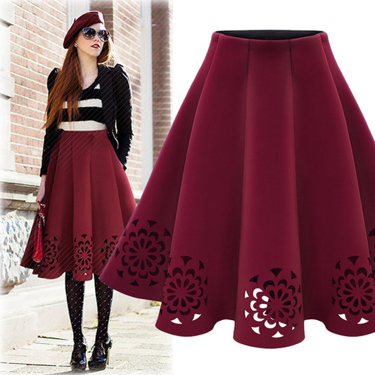 High Waist Pure Color Hollow Out Pleated Knee-length Skirt