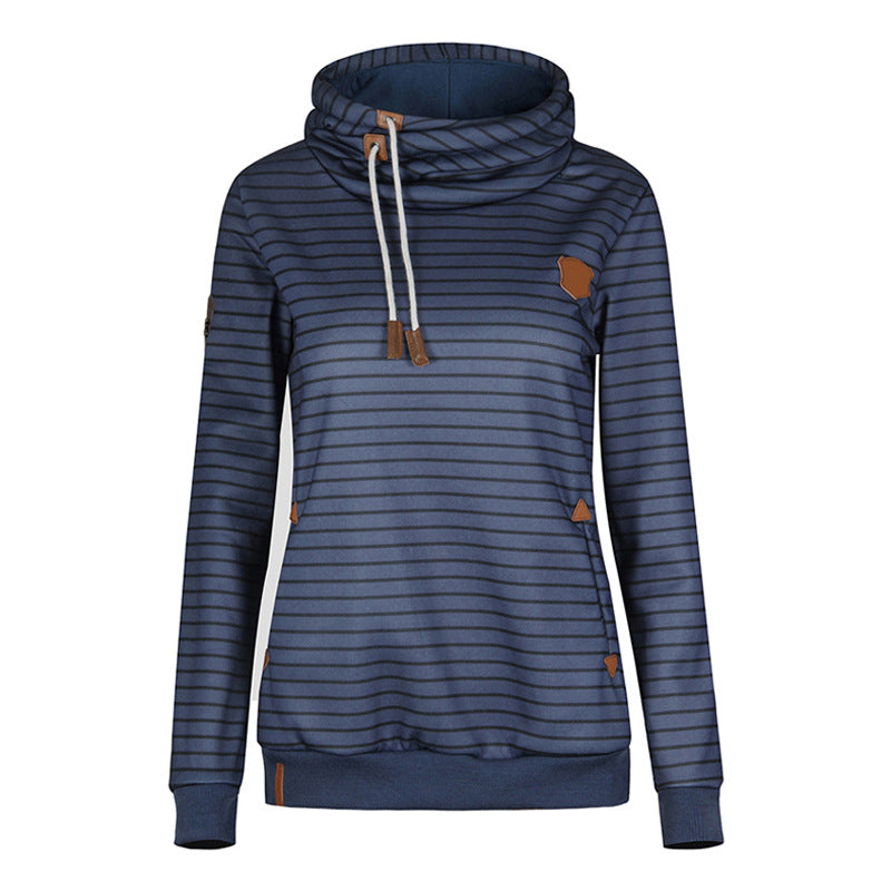 Stripes High Neck Drawstring Pocket Slim Hoodie