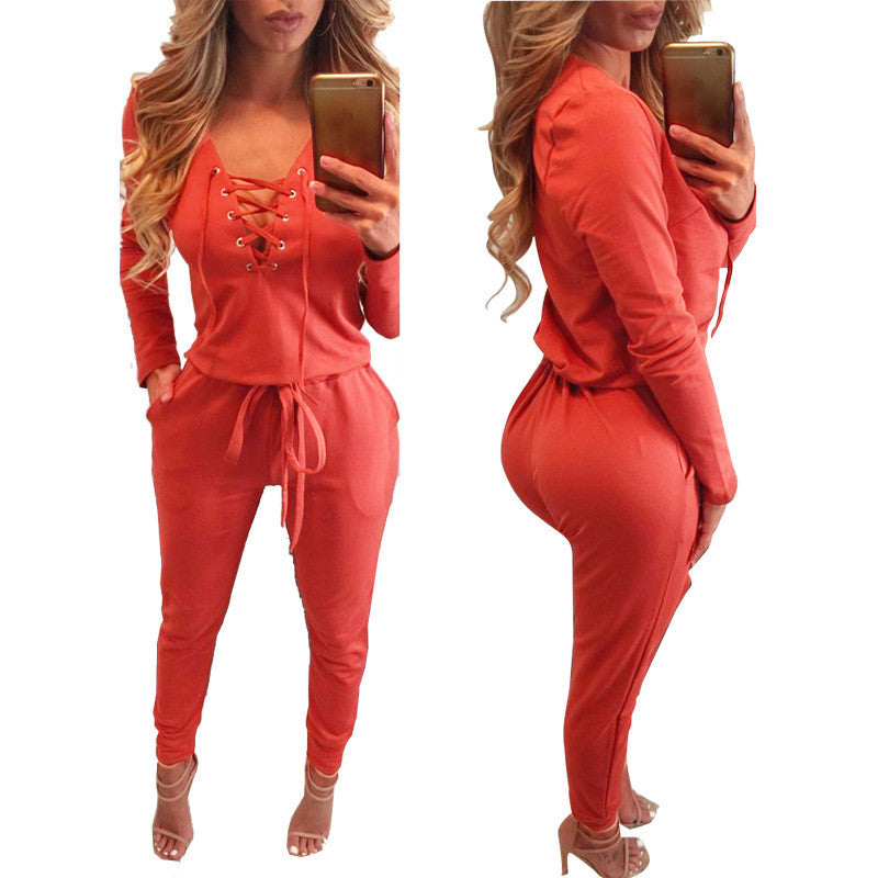 Long Sleeve Lace Up Deep V-neck Draw String Waist Long Jumpsuit