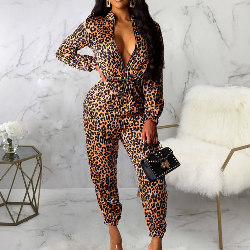 Leopard Zipper Long Sleeves Jumpsuit