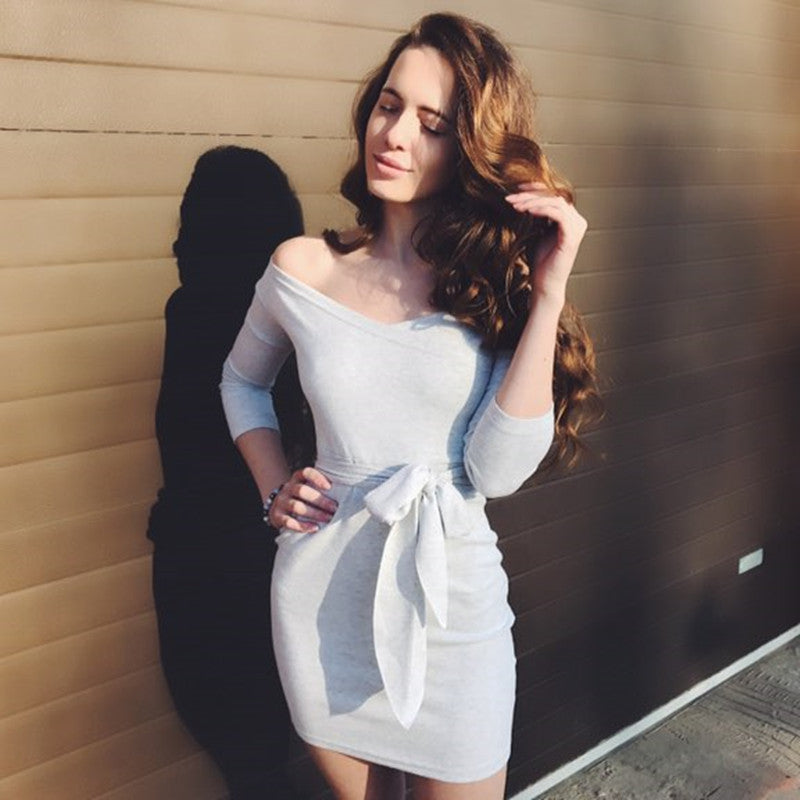 Deep V Neck Off Shoulder Wrap Short Bodycon Dress With Belt