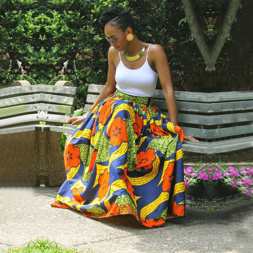 Flower Print High Waist Slim Pleated Long Skirt