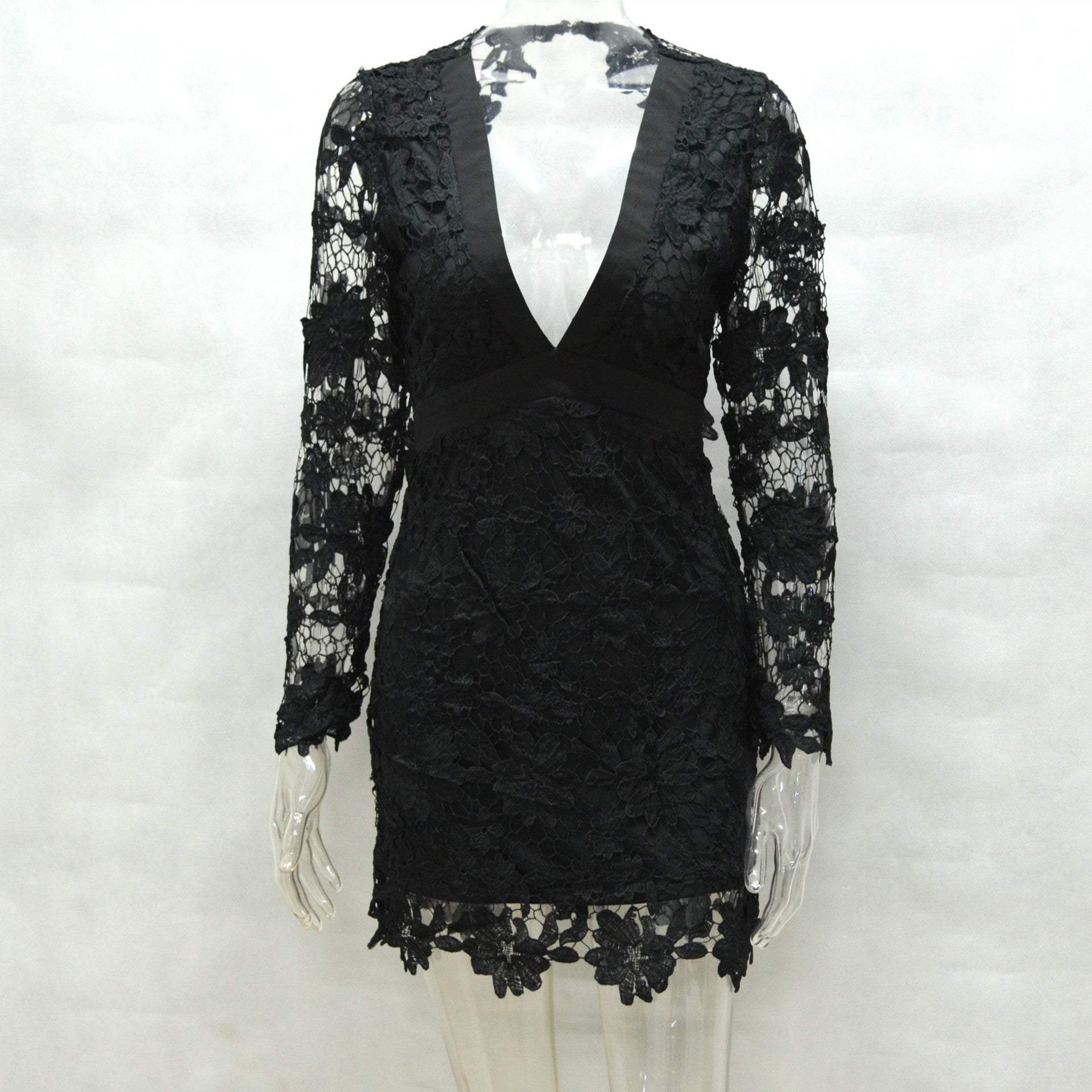 Lace Patchwork Long Sleeve Backless Bodycon Short Dress