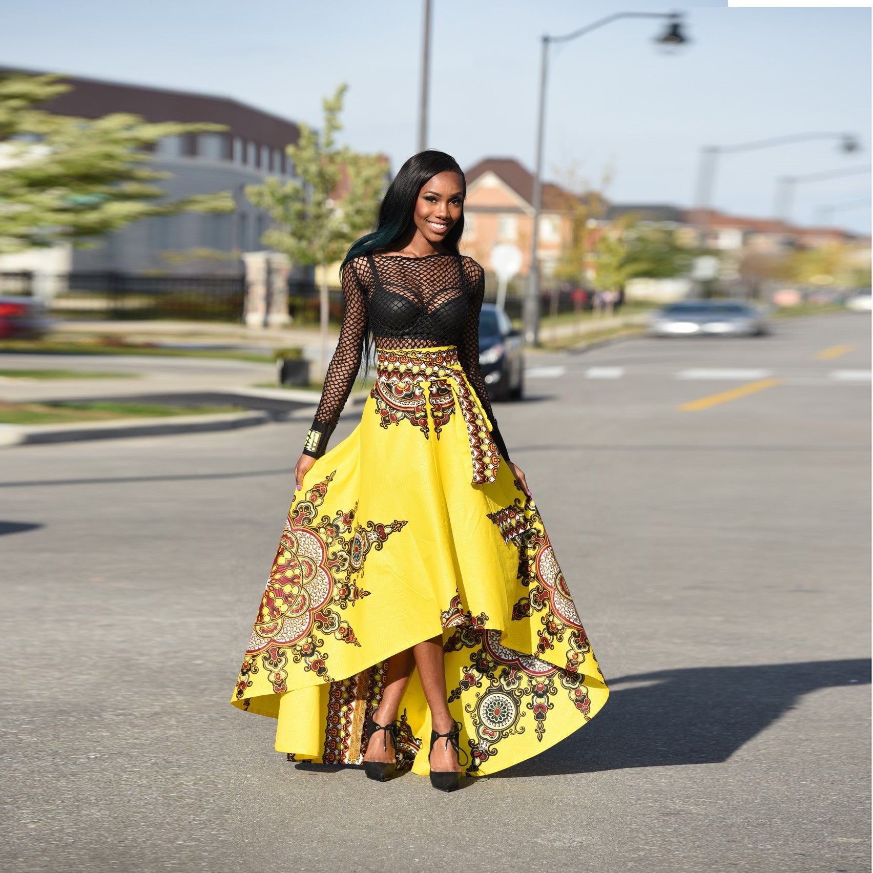 Print High Waist Elegant Big Loose Irregular Long Skirt