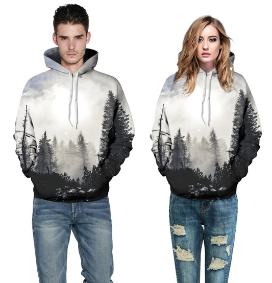 3D Trees Print Drawstring Pocket Sports Hoodie