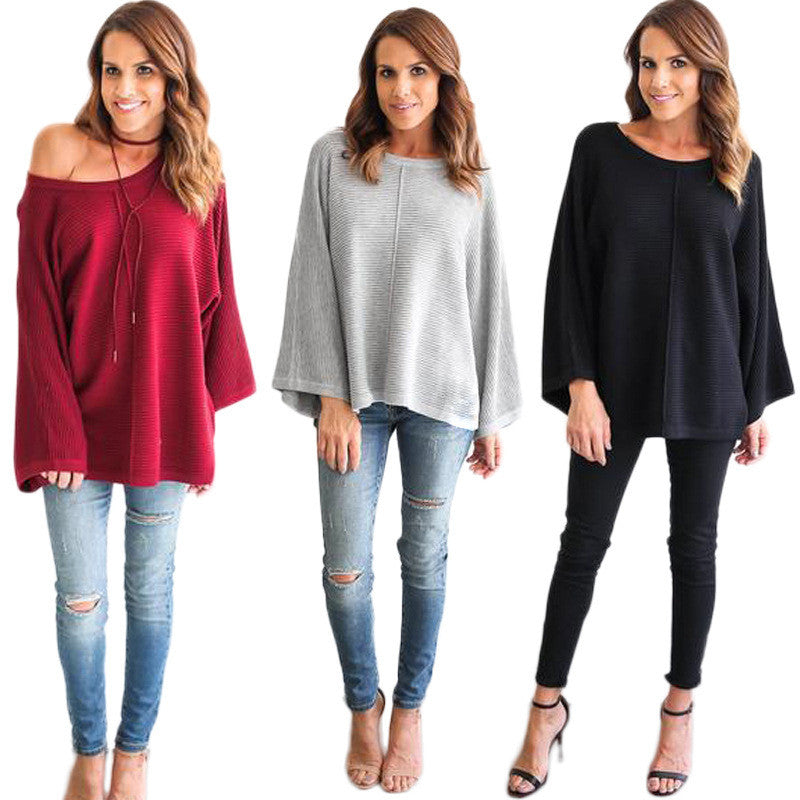 Fashion Bell Sleeve Scoop Knit Loose Pullover Sweater