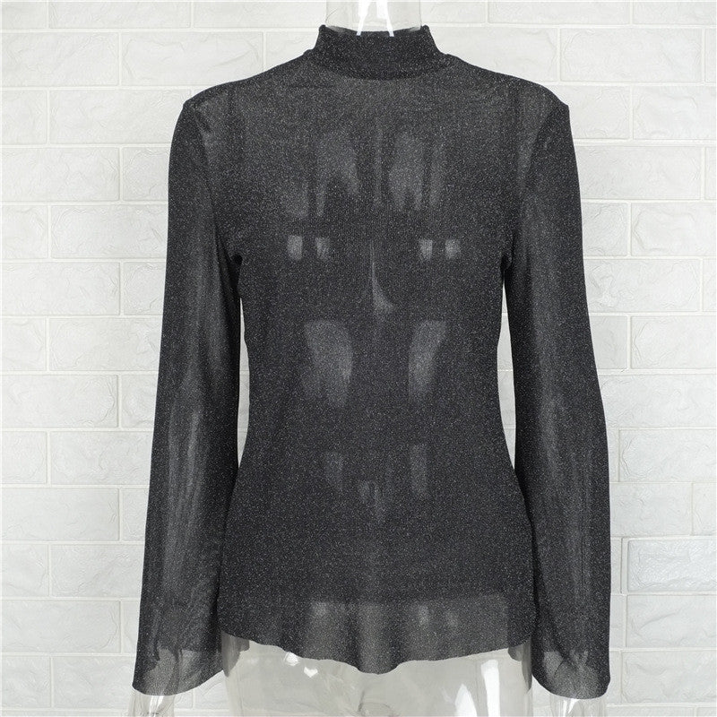 High Neck Trumpet Sleeves Transparent Loose Blouse