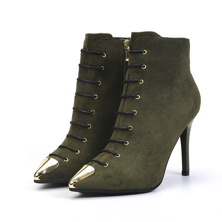 Pointed Toe Solid Color Side Zipper Stiletto High Heels Short Boots