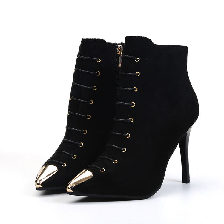 Pointed Toe Solid Color Side Zipper Stiletto High Heels Short Boots