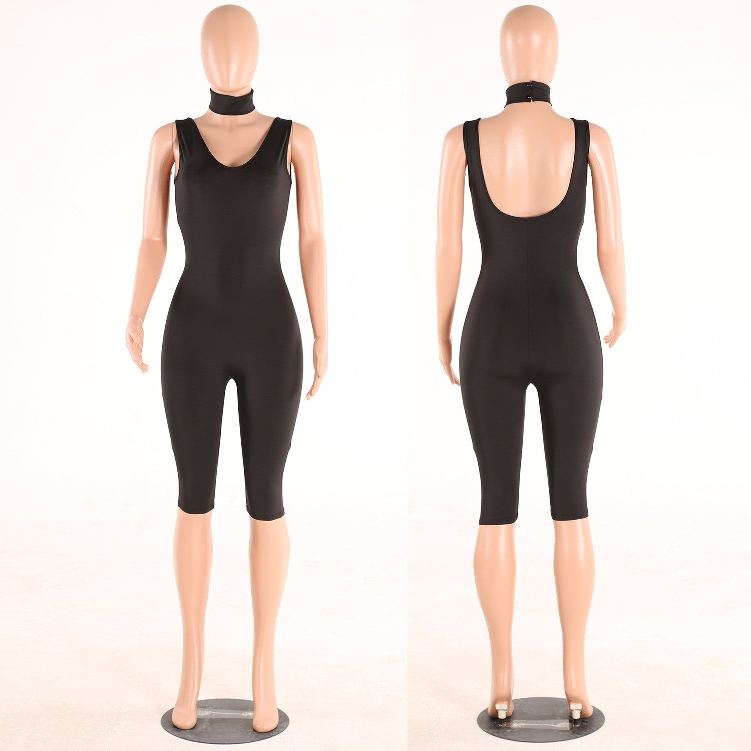 Neckerchief Scoop Neck Sleeveless Pure Color Short Slim Jumpsuit