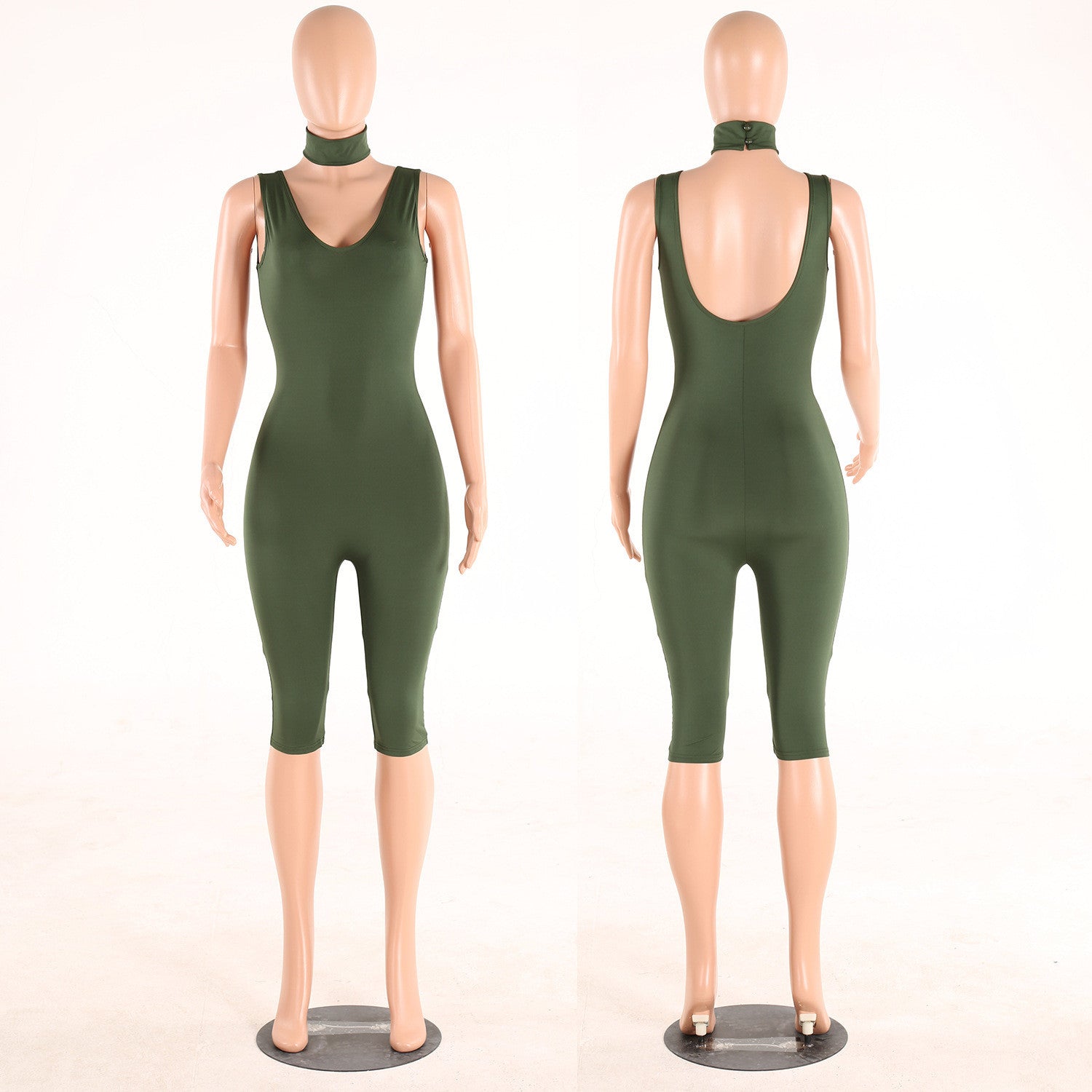 Neckerchief Scoop Neck Sleeveless Pure Color Short Slim Jumpsuit