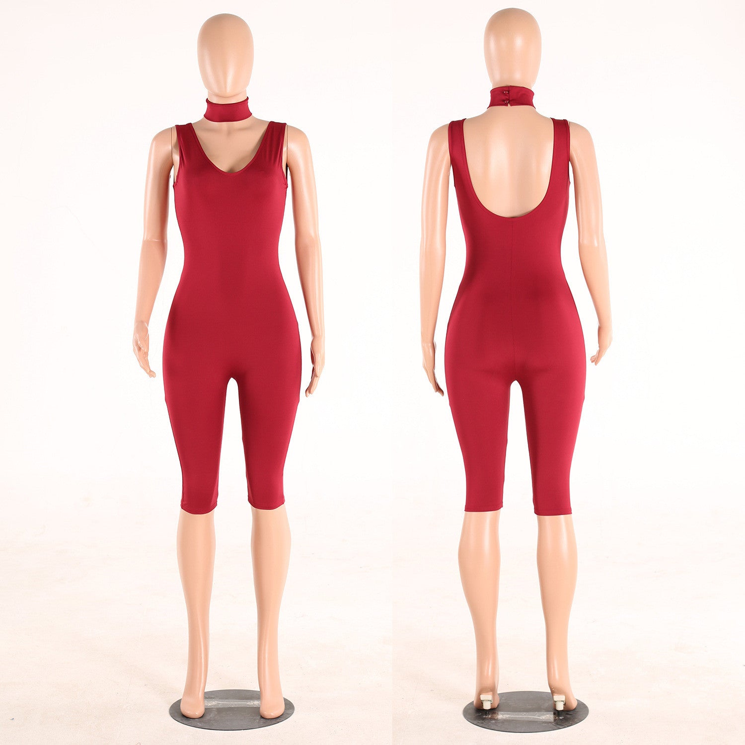 Neckerchief Scoop Neck Sleeveless Pure Color Short Slim Jumpsuit