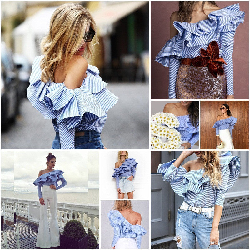 One Shoulder Ruffles Striped 3/4 Sleeves T-shirt