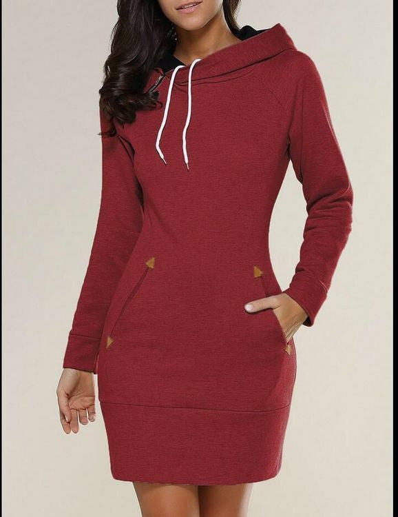 Fashion Pure Color Long Hoodie Dress