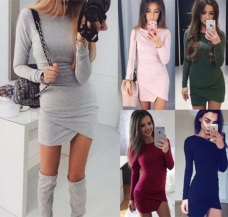 Fashion Long Sleeve Irregular Hem Bodycon Short Dress