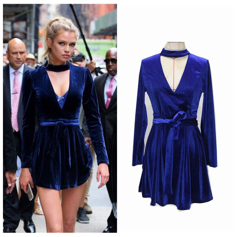 Sexy Blue V Halter Pleuche Belt Dress