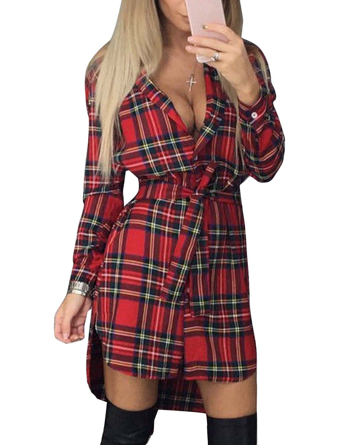 Long Sleeves Plaid Long Shirt Blouses With Belt