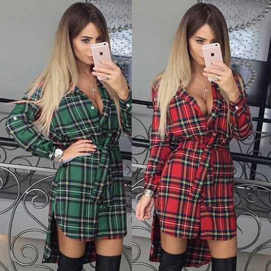 Long Sleeves Plaid Long Shirt Blouses With Belt On