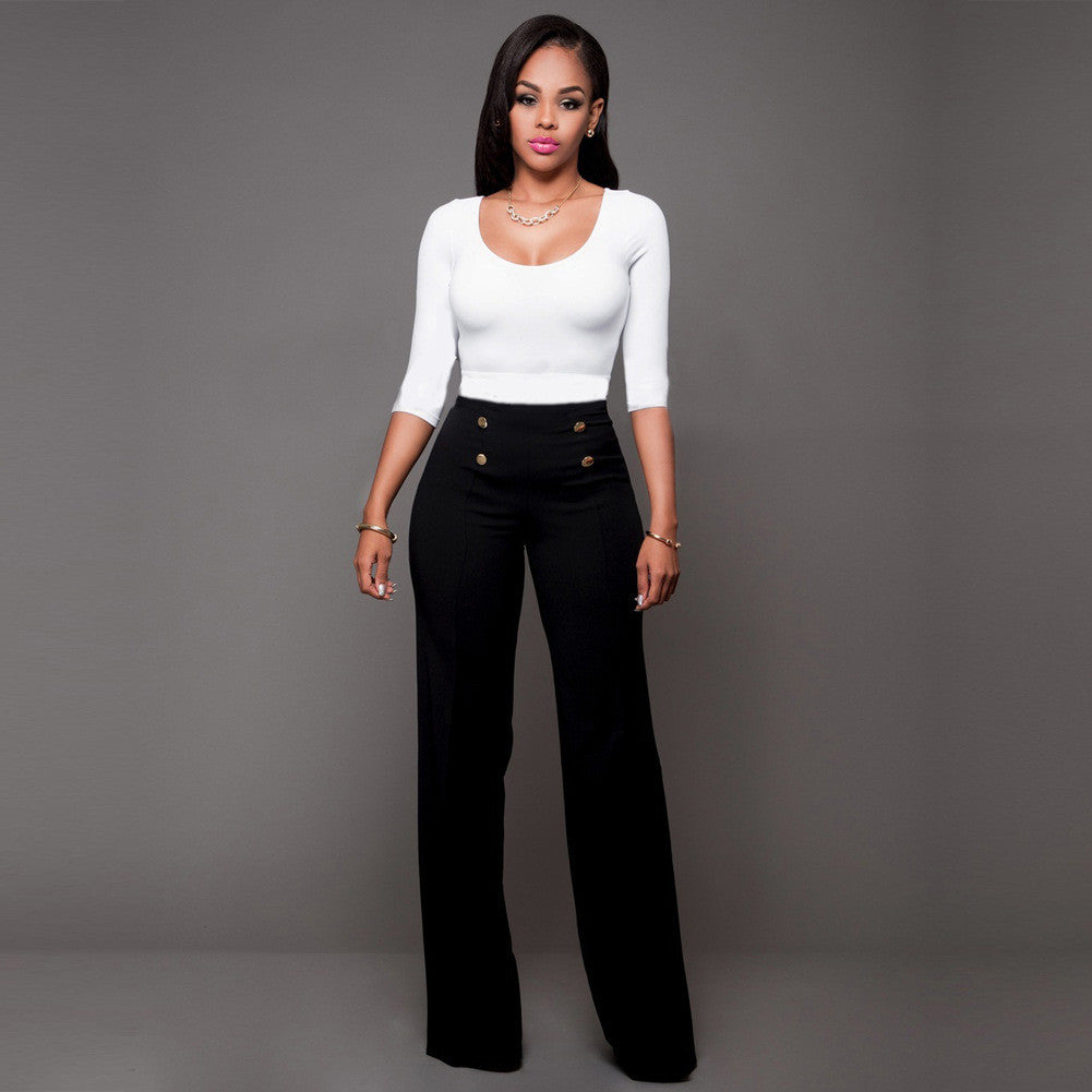 Pure Color High Waist Wide Leg Long Pants