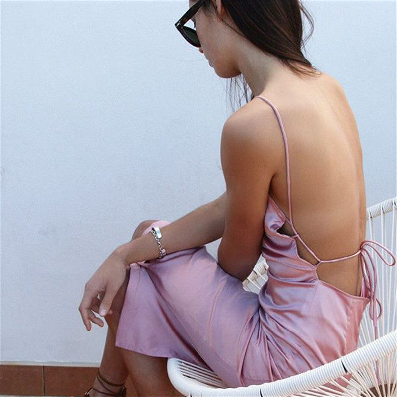 Pink Spaghetti Strap Backless Pure Color Split Long Dress