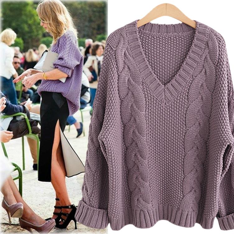 Cable Knit Deep V-neck Solid Color Pullover Sweater