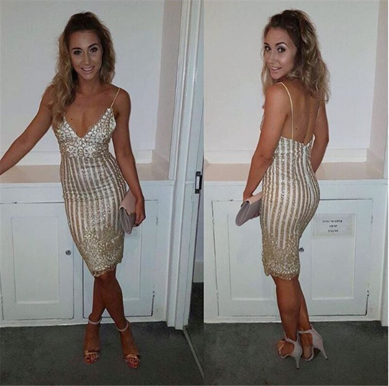 Sequins Spaghetti Strap Stripe Bodycon Knee-Length Dress