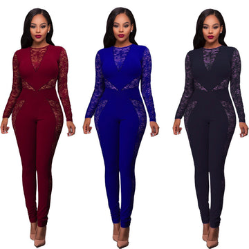 Lace Patchwork Long Sleeve Back Zipper Slim Long Jumpsuit