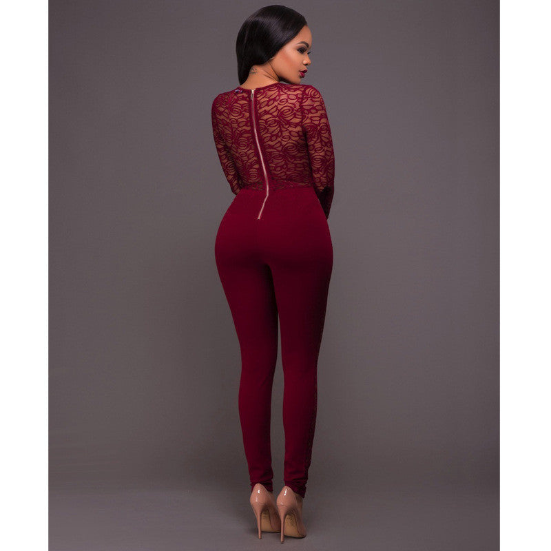 Lace Patchwork Long Sleeve Back Zipper Slim Long Jumpsuit