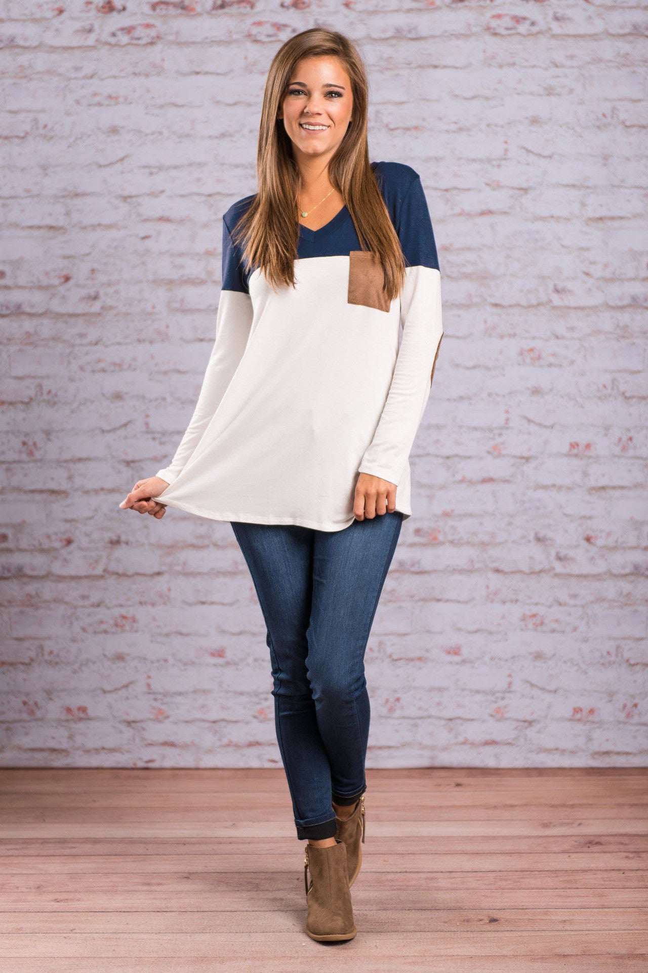 Fashion Contrast Color Long-Sleeve Round Neck Blouse