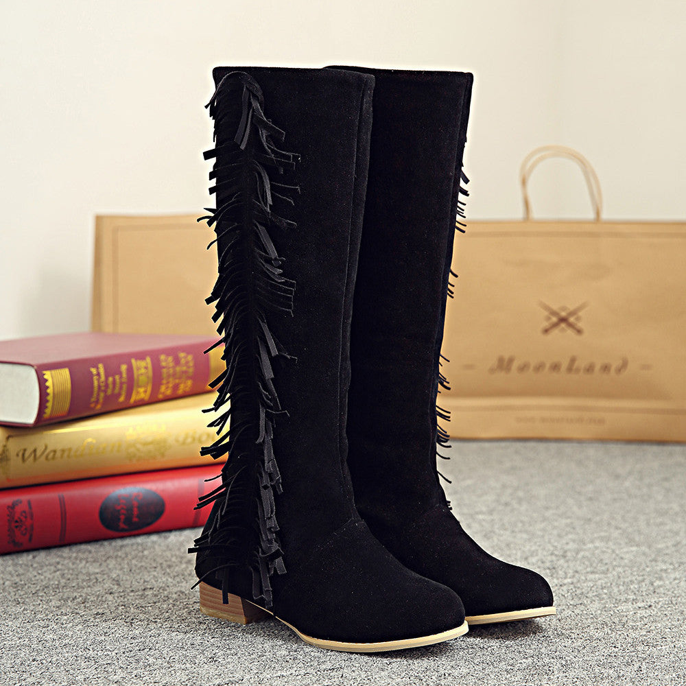 Round Head Tassels Chunky Heel High Boots