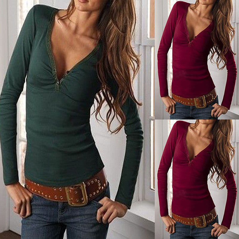 Deep V-neck Long Sleeves Pure Color Slim T-shirt