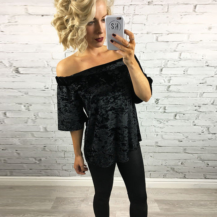 Fashion Elastic Off Shoulder Short Sleeve Velvet Blouse